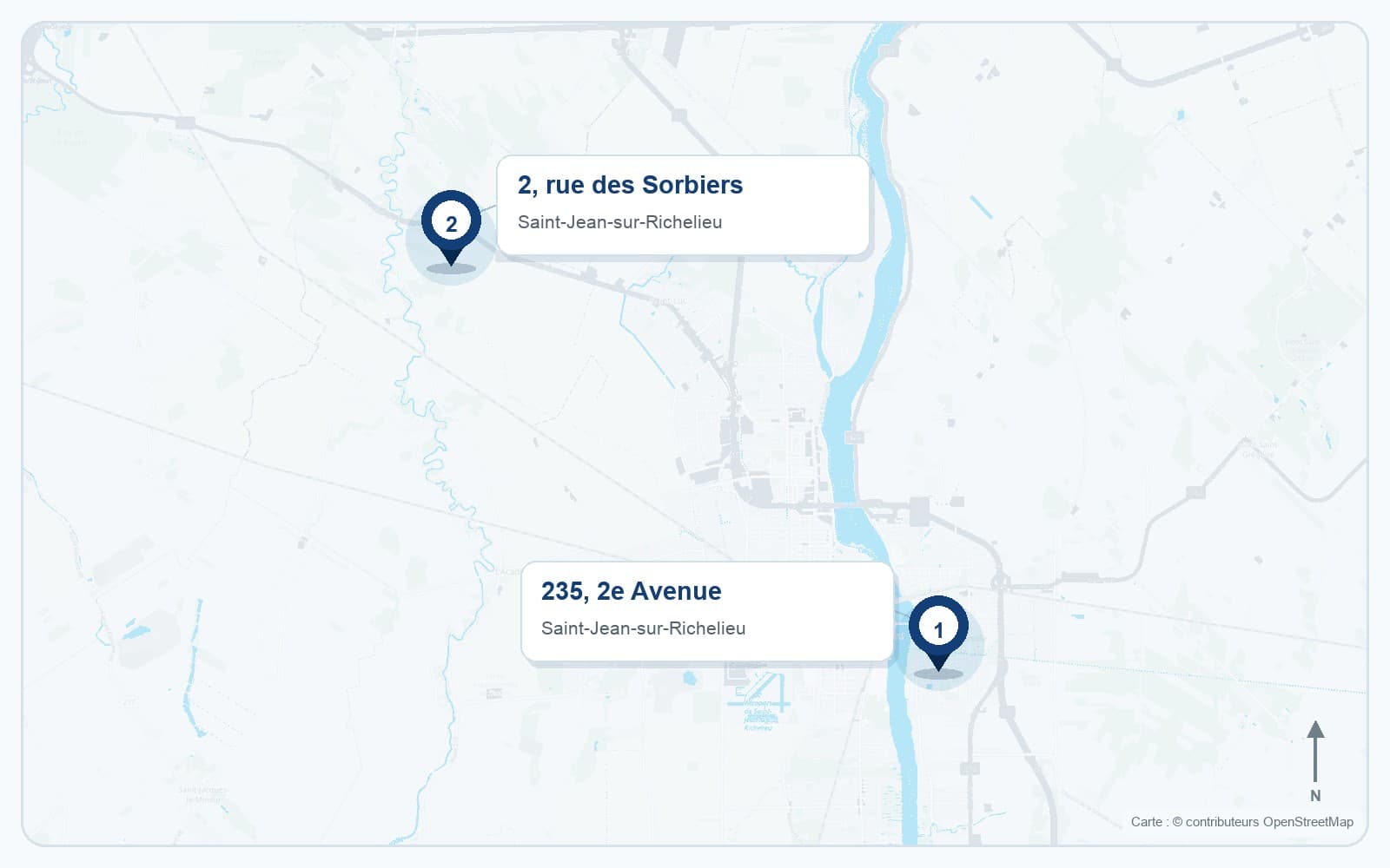 Carte de Saint-Jean-sur-Richelieu situant les deux lieux de pratique : le bureau d'Iberville, au 235, 2e Avenue, à l'est de la rivière Richelieu, et le bureau de Saint-Luc, au 2, rue des Sorbiers, au nord-ouest de la ville.